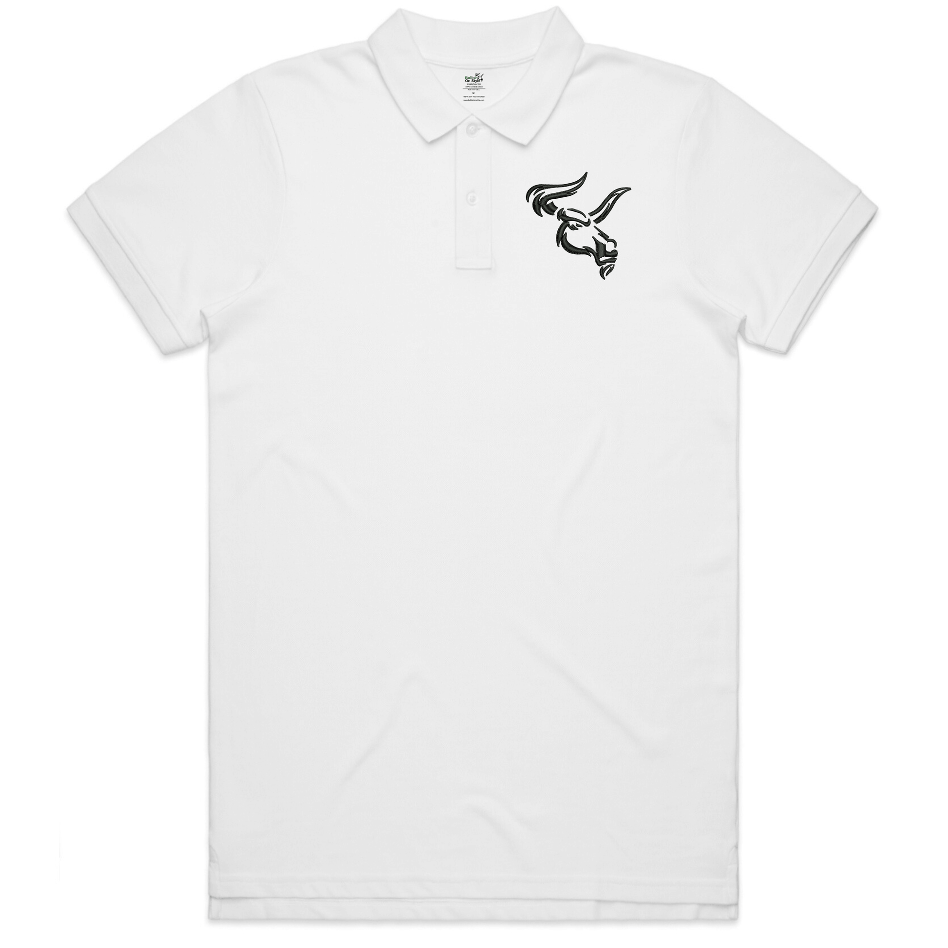 BOS-BBS-100 Polo with Bull's Head Design, White Short Sleeve, Silicone Logo, Embroidery, 100% Cotton, Limited Edition, Regular Fit