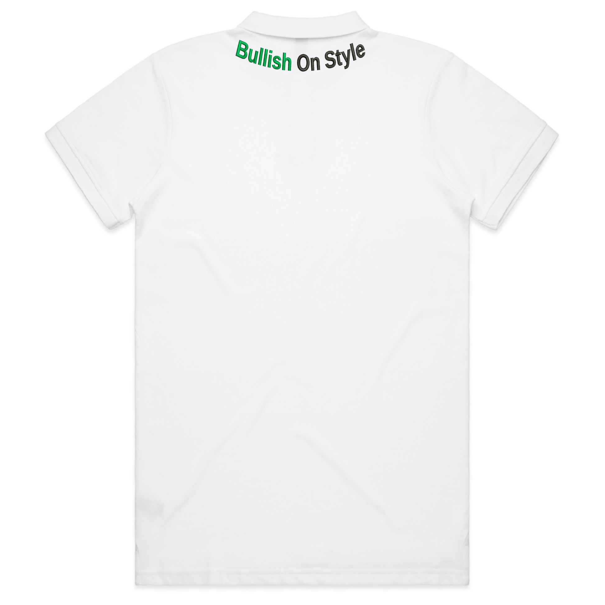 White polo shirt with "Bullish On Style" embroidered in green and black on the back collar, featuring a modern design.