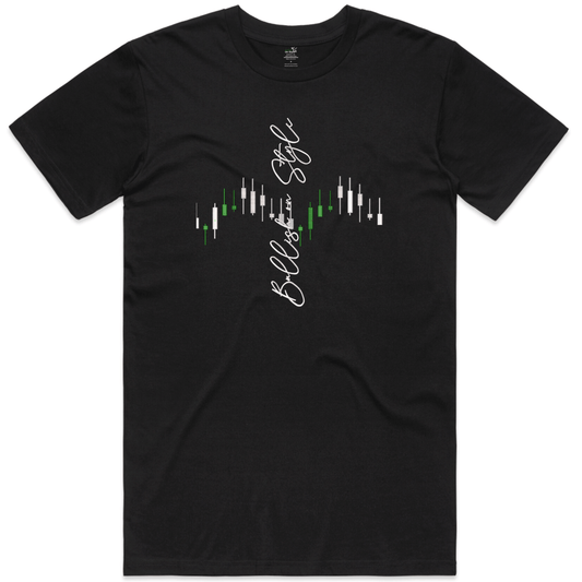 Black BOS MED-100 TEE with stylish green and white graphic design on front.