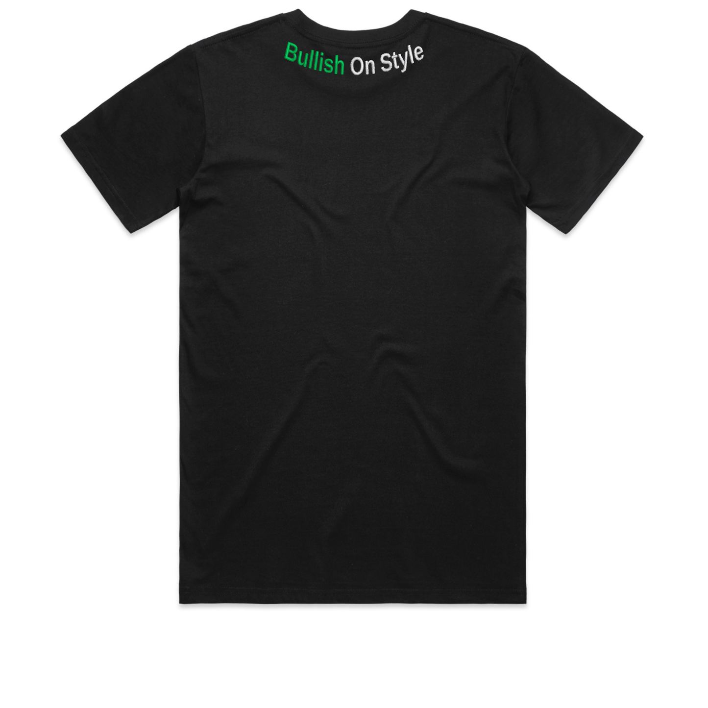 Black BOS MED-100 TEE with "Bullish On Style" text on the back design.